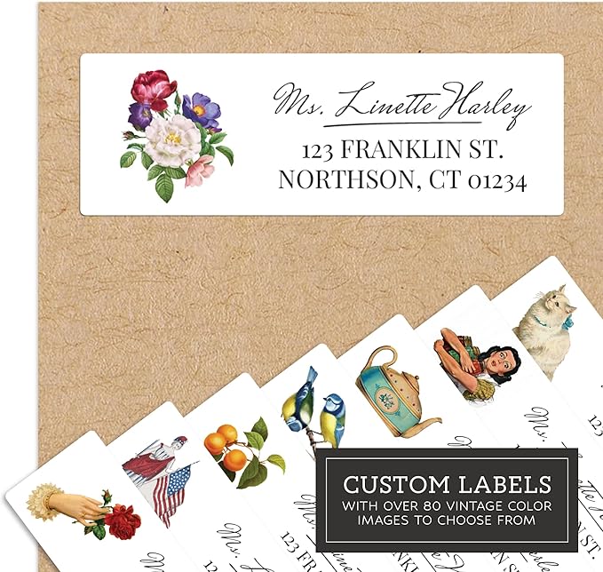Personalized Return Address Labels - Vintage Elements - Over 80 Images to Choose from - Custom Self Adhesive Stickers for Envelopes (60-960 Labels) (Colorful Elegant Style)