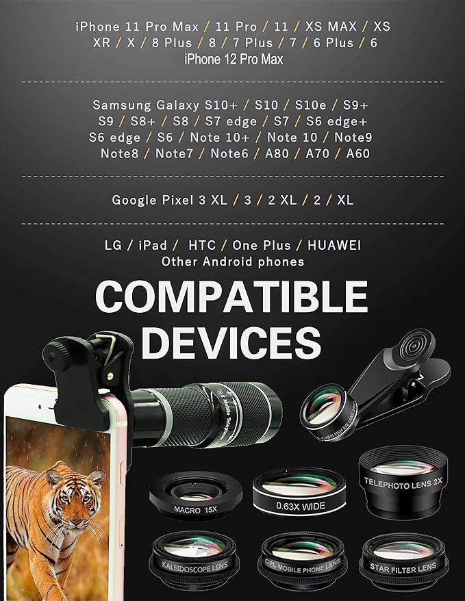 Cell Phone Camera Lens Kit,11 in 1 Universal 20x Telephoto 0.63Wide Angle 15X Macro 198°Fisheye 2X Telephoto Kaleidoscope CPL Starlight Eyemask Tripod,for Most iPhone Smartphone (Black)