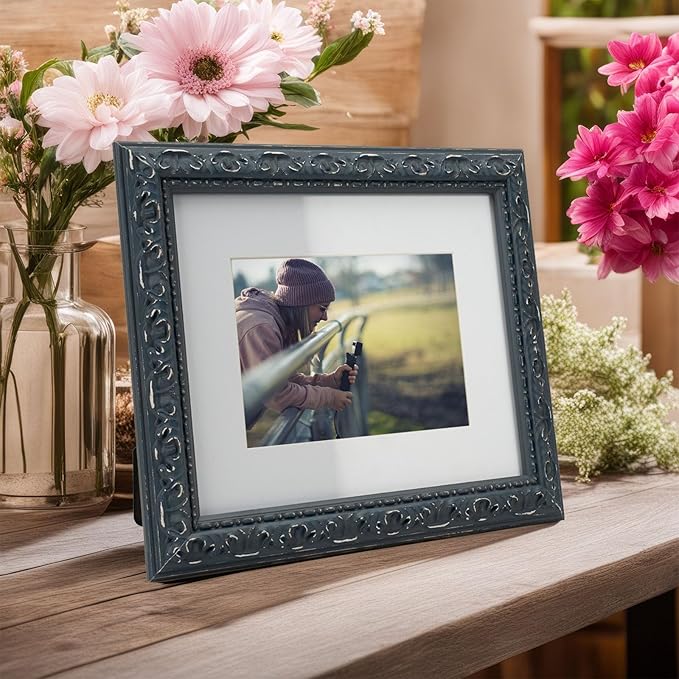 8x10 inch Distressed Wood Embossed Scroll Motif Vintage Antique Rustic Picture Frame, White Mat for 5x7 in Photo, Art Print Drawing, Wall Hanging or Desktop Display-Dark Navy Blue