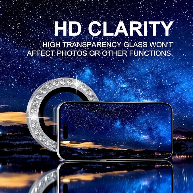 Choiche Compatible for iPhone 17 Pro/iPhone 17 Pro Max Camera Lens Protector Bling, 9H Tempered Glass Camera Cover Screen Protector Metal Ring Decoration Accessories (Diamond-Silver)