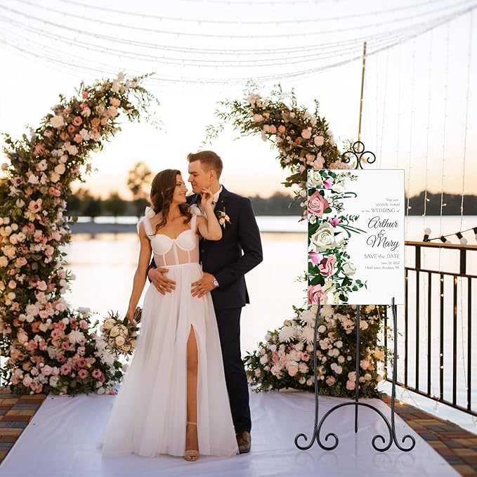 1 Pcs 71.25"H Extra Large Wedding Black Metal Scroll Easel Stand Floor-Standing Vintage Rustic Adjustable Display Stand Easel with Chain Support for Sign Wedding Picture Poster Frame Mirror