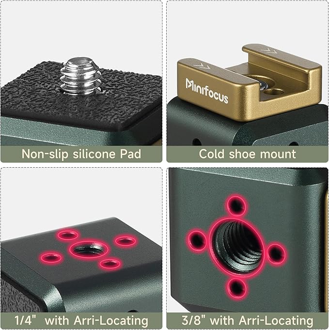 MINIFOCUS Multi-Hole Screws Adapter with Cold Shoe Mounts, Aluminum Thread Mounting Post/Block with 1/4'' & 3/8'' Thread Hole and Arri-locating Hole for Tripod, Magic Arm, Microphone, Camera Cage