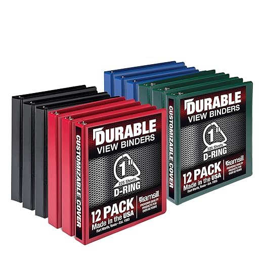 Samsill Durable 1 inch 3 Ring Binder, Made in USA, D Ring Binder, Customizable Clear View Cover, Basic Assortment, 12 Pack