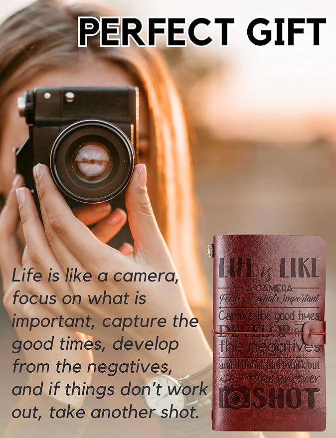 Photographer Gifts Journal for Women, Men, Photography Gifts for Photographers, Leather Embossed Refillable Notebook, Sketchbook, Travel Diary, 7x5 Inches - Camera