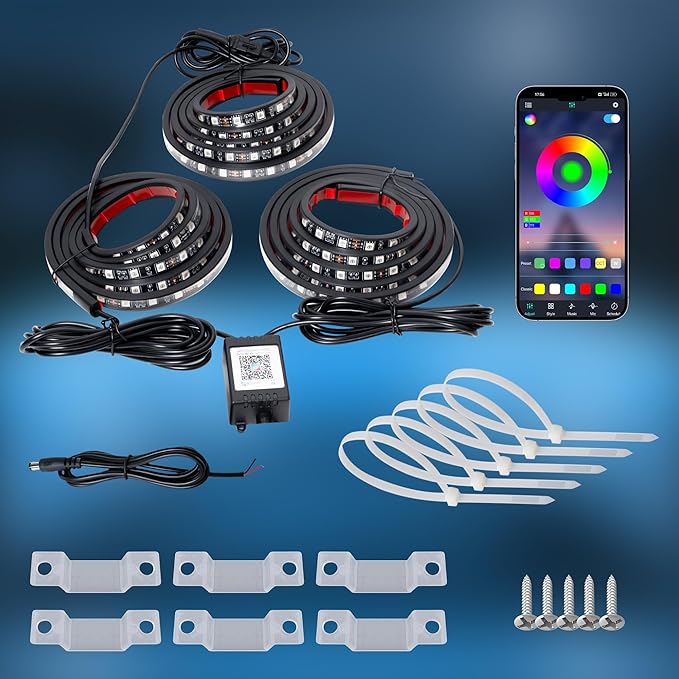 3PCS 60" RGB Truck Bed Light Strip Kit Remote Controlled Color Changing LED Bars with Music Sync, IP67 Waterproof for Pickup Trucks, SUVs, RVs & Boats