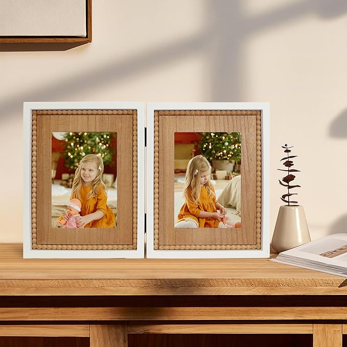 RiteSune Rustic 2 Picture Frame 5X7 Distressed Photo Frames with Beads for Tabletop Display, Vintage Picture College Frame for Present