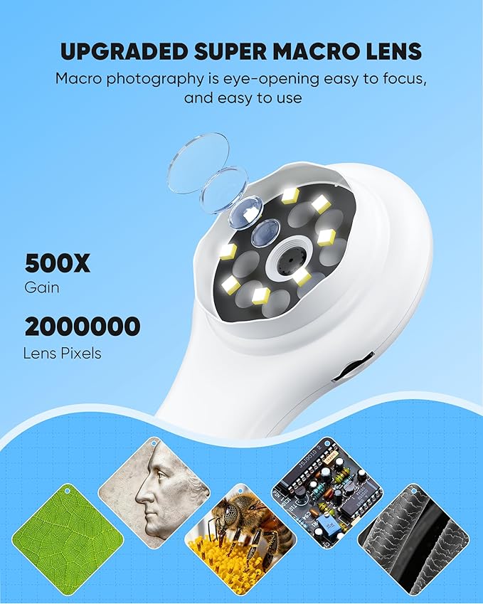 T TAKMLY Mini Pocket Digital Microscope, Macro Fixed Focus Magnifying Glass, Portable Handheld USB Digital Microscope 500x Magnification, 4X Zoom