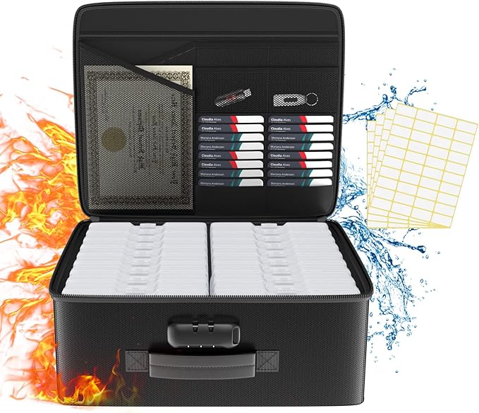 Fireproof Safe Photo Storage Box with 18 Inner 4" x 6" Clear Photo Cases, Portable Photo Organizer with Lock for Picture, Collapsible Photo Container with Handle and 18 Boxes 4 Sheet Label Stickers