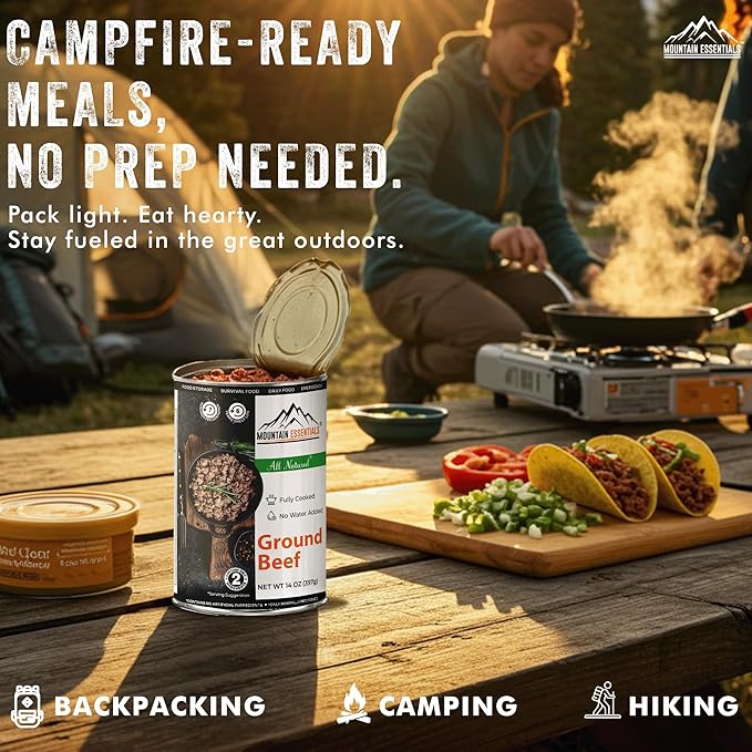 MOUNTAIN ESSENTIALS Ground Beef 14 Oz Fully Cooked Ready to Eat Hamburger Meat Emergency Survival Bulk Food Storage Canned Meat Perfect for Quick Meals 5 Years Shelf Life Made in USA Pack of 24
