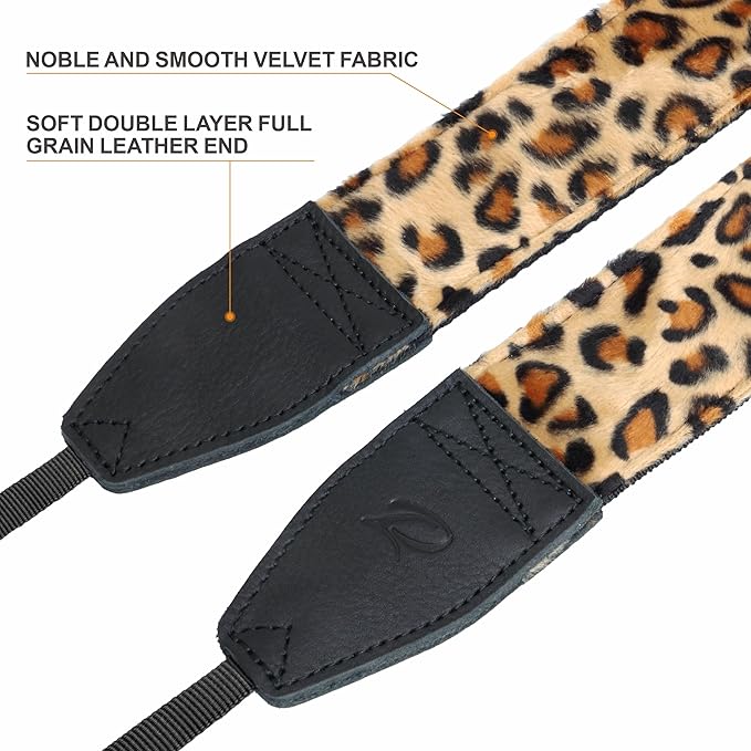 Padwa Lifestyle Leopard Velvet Camera Strap - 2" Double Layer Full Grain Cowhide Leather Head Camera Straps for Photographers,Unique Soft Velvet Fabric with Quick Release fits all Cameras