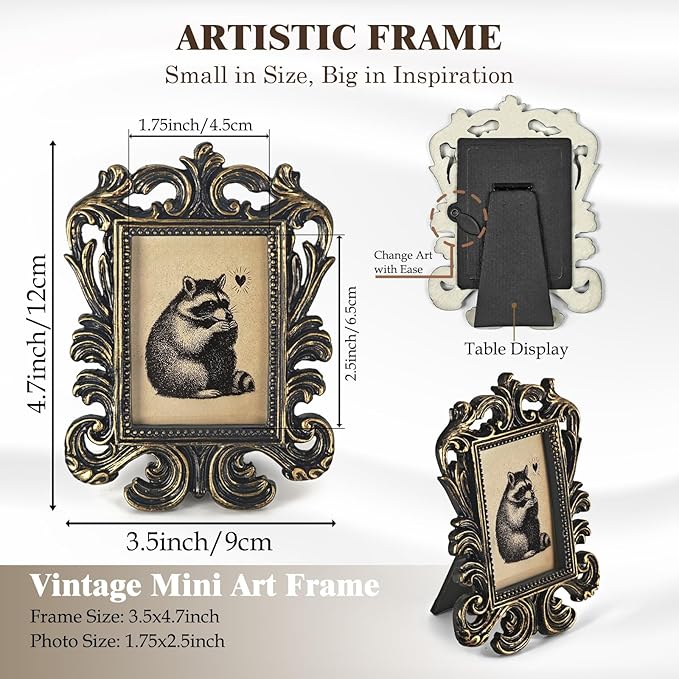 Vintage Cute Raccoon Small Picture Frame, Funny Mini Ornate Photo Frame for TableTop Desk Display Decor, Rustic Retro Baroque Prints Decorations Gifts for Bedroom 1.7x2.5in Photo