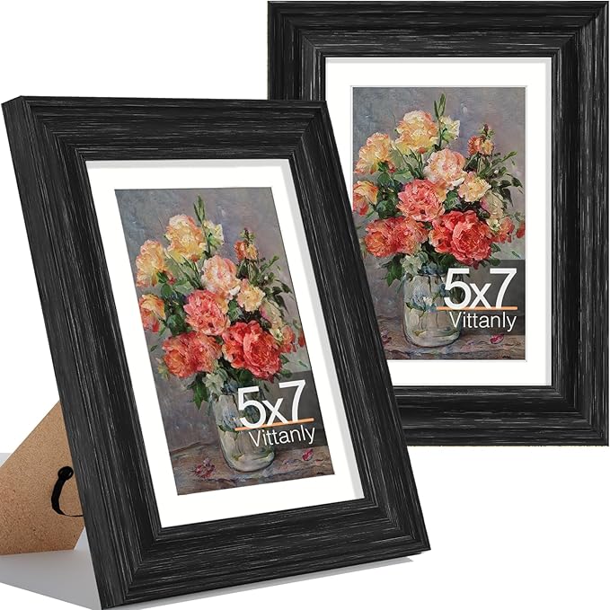Vittanly 5x7 Picture Frames Set of 2, Ornate Vintage Photo Frame for Wall or Tabletop, Display 4x6 Pictures with Mat or 5x7 without Mat, Distressed Black