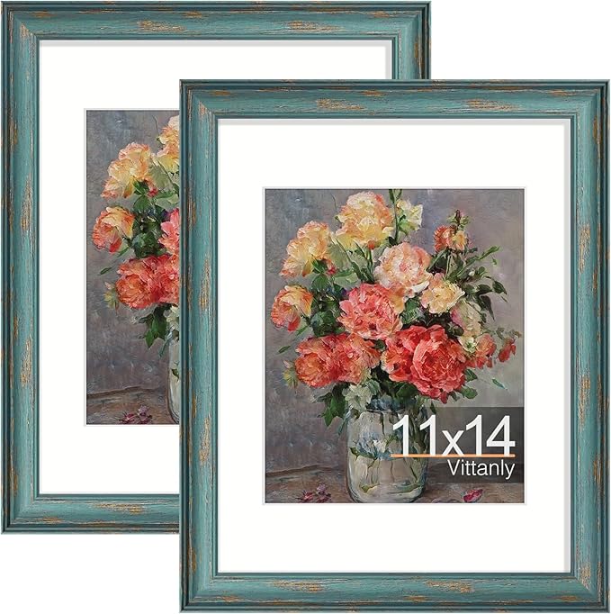 Vittanly 11x14 Picture Frames Set of 2, Ornate Vintage Photo Frame for Wall or Tabletop, Display 8x10 Pictures with Mat or 11x14 without Mat, Rustic Blue