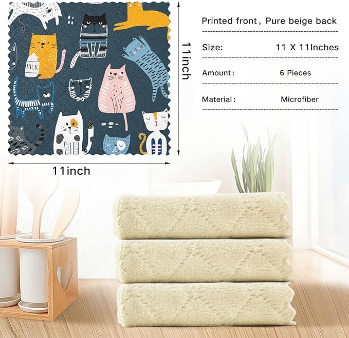CaTaKu Cute Blue Cats Microfiber Reusable Cleaning Cloths Kitchen Dish Cloths Dish Rags for Washing Dishes, Dish Towels Washcloths for Kitchen Drying, 6 Pack