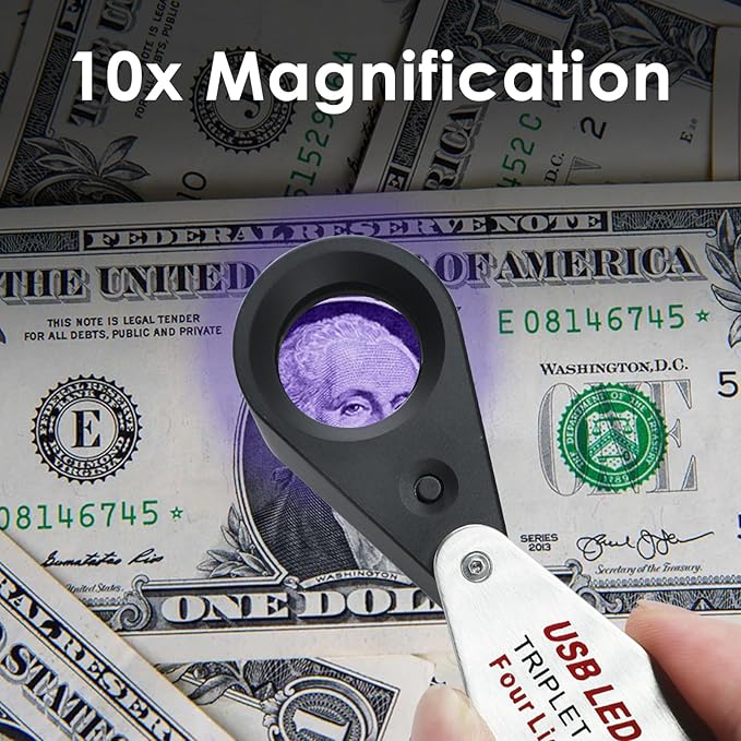JuviPerpric 10X Jewelers Loupe with UV & LED Lights with Four Light Modes,22mm Portable Pocket Folable Loupe Jewelry Magnifier for Jewelry, Rocks, Coins (Sliver)