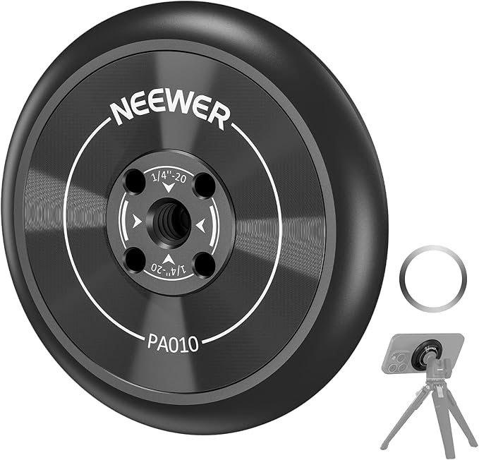 NEEWER Magnetic Phone Tripod Mount Adapter with Adhesive Magnetic Ring Compatible with MagSafe iPhone 15 Pro Max 15 Plus 14 13 12, 1/4" Thread for iPhone Video Recording Selfie Stick Ring Light, PA010