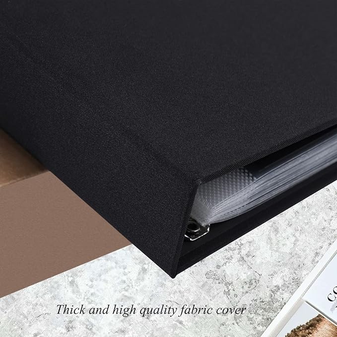 1DOT2 8x8 Inch DIY Small 3 Ring Scrapbook Photo Album Journal with 30 Plastic Sleeves 60 Pages and Fabric Cover for Baby Travel Wedding Couple Anniversary Kids Adventure (Black Cover/Black Pages)
