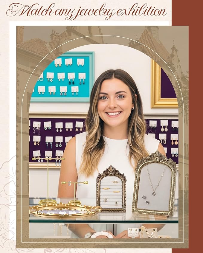 Gold Vintage Jewelry Display Set Velvet Jewelry Frame Ring Holder Earring Bracelet Stands Necklace Organizer Mirror Tray Photo Props for Women Gifts Selling Wedding Decor(5 Pcs,Ornate)