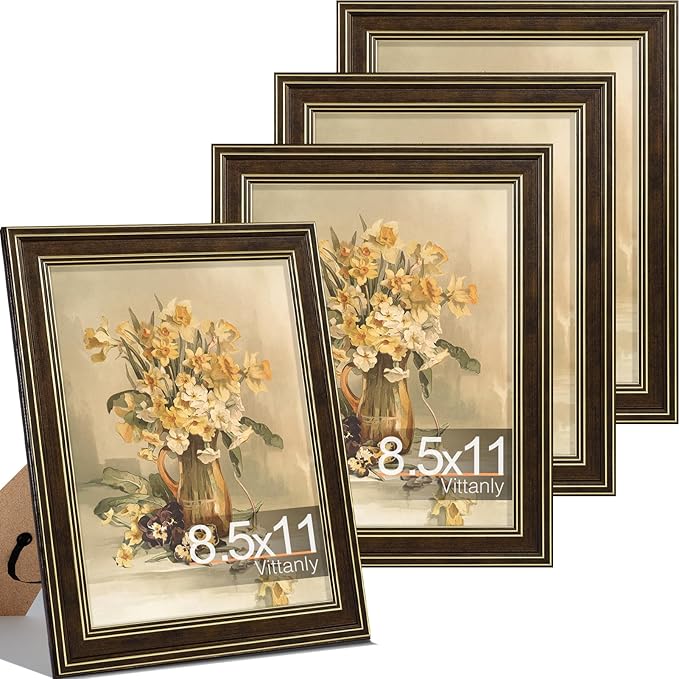 Vittanly 8.5x11 Picture Frame Set of 4, Vintage Photo Frame for Wall Mount, Display 6x8 Pictures with Mat or 8.5x11 without Mat, Rustic Farmhouse Home Decor, Brown
