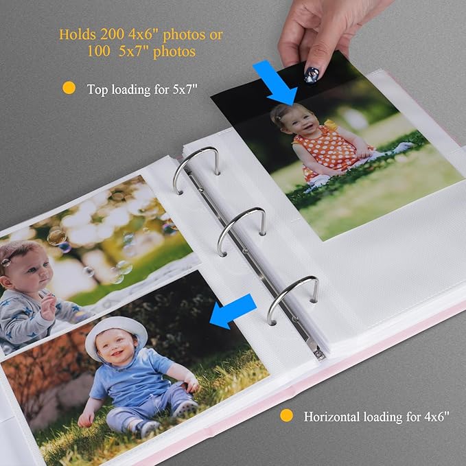 Photo Album 4x6 Photos Hold 200 or 5x7 Pictures Hold 100, 3 Ring Binder Photo Albums Linen Cover Photo Book Acid Free Albums 4x6 5x7 for Family Wedding Baby (Pink)