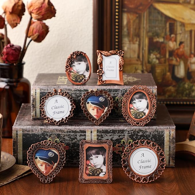 Qunclay 8 Pcs 1"x1" Mini Vintage Picture Frame Tiny Metal Picture Frames Antique Mini Frame Wallet for Christmas Tabletop and Wall Display Old Fashioned Photo Gallery Art Decor