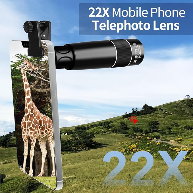 22X Telephoto Phone Camera Lens, Universal Clip-On Zoom Lens Compatible with iPhone and Android, Long Distance Photography Attachment