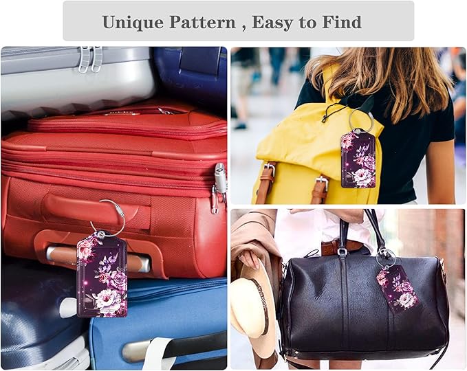 (Set of 2) Luggage Tag Leather Privacy Cover ID Label Address Card with Stainless Steel Loop, Travel Bag Tags Suitcase Labels, Purple Flowers