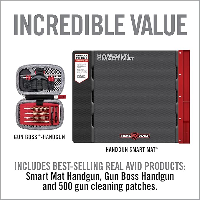 Real Avid Handgun Cleaning Kit | Includes Gun Cleaning Mat 19x16 with Magnetic Parts Tray & Gun Cleaning Supplies for 22, 357, 38, 380, 9mm, 40, 41, 44, 45 Caliber Pistols (Choose Style Below)