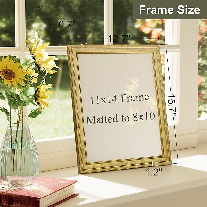 Vittanly 11x14 Picture Frame Set of 4, Vintage Photo Frame for Wall Mount, Display 8x10 Pictures with Mat or 11x14 without Mat, Rustic Farmhouse Home Decor, Gold