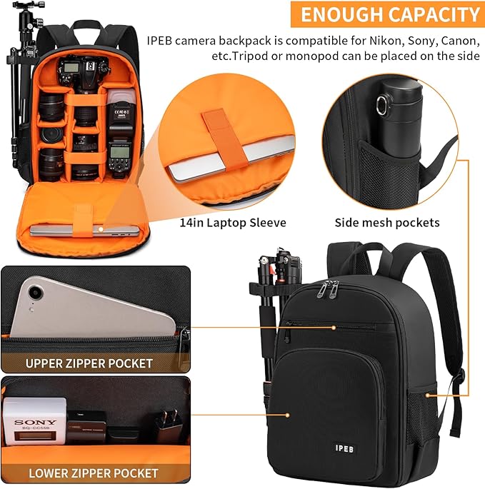 IPEB Camera Backpack for DSLR/SLR/Mirrorless Bag Professional Waterproof Camera Case 11"X5.9"X15" for Photographers Grey Black Orange