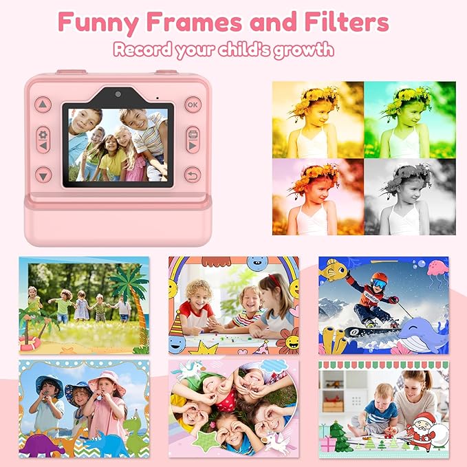 Kids Camera Instant Print, Christmas Birthday Gifts for Girls Age 3-12, Dual-Lens Selfie Camera for Kids with 1080P Videos, 2.4 Inch Screen, 32GB SD Cards & 3 Rolls Print Paper