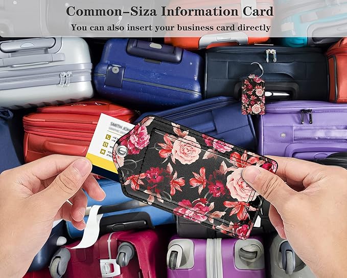 (Set of 2) Luggage Tag Leather Privacy Cover ID Label Address Card with Stainless Steel Loop, Travel Bag Tags Suitcase Labels, Black Flowers