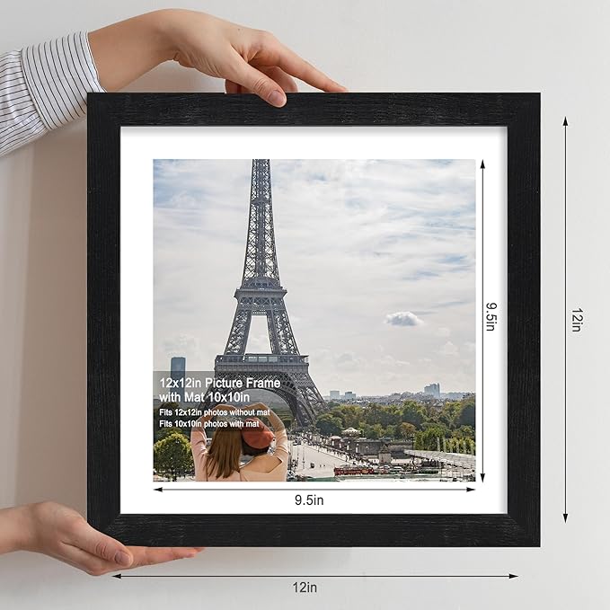 12x12 Picture Frame Set of 4 - Made of Glass and Rustic Black Wooden Frame, Display Square Pictures 10x10 with Mat or 12 x 12 without Mat, Desktop & Wall Collage Photo Frame