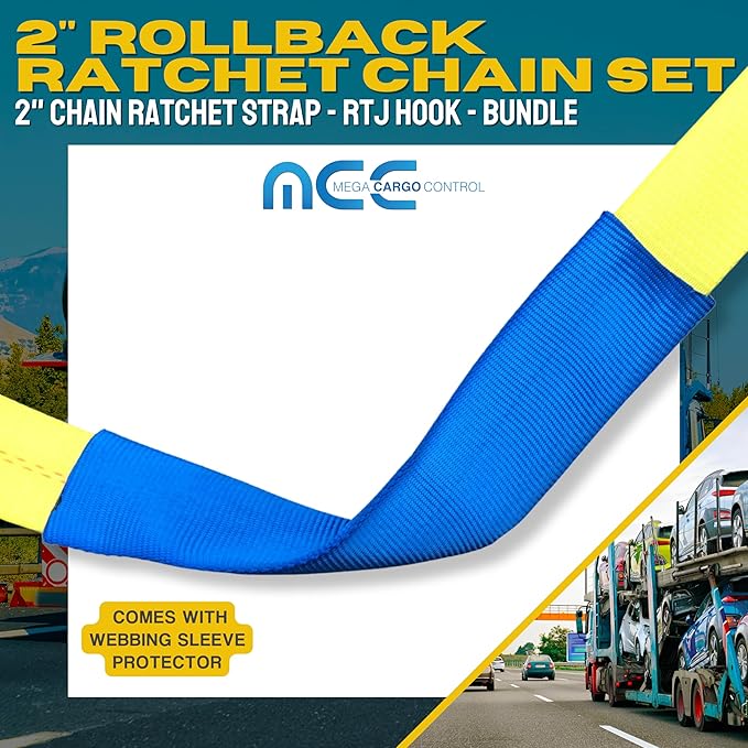 Mega Cargo Control 4 Pack 2" Chain Ratchet Strap w/RTJ Hook Tie Down Rollback, Bundle for Tow Truck Car Hauler