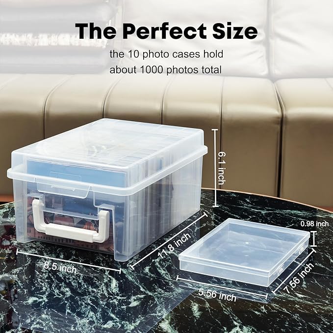 ALINK Photo Storage Box 5 x 7 In Photo Case, 10 Inner Large Photo Keeper, Clear Photo Storage Container, Seed Craft Cards Pictures Organizer, Plastic Office Organizer with 1 Label Sticker