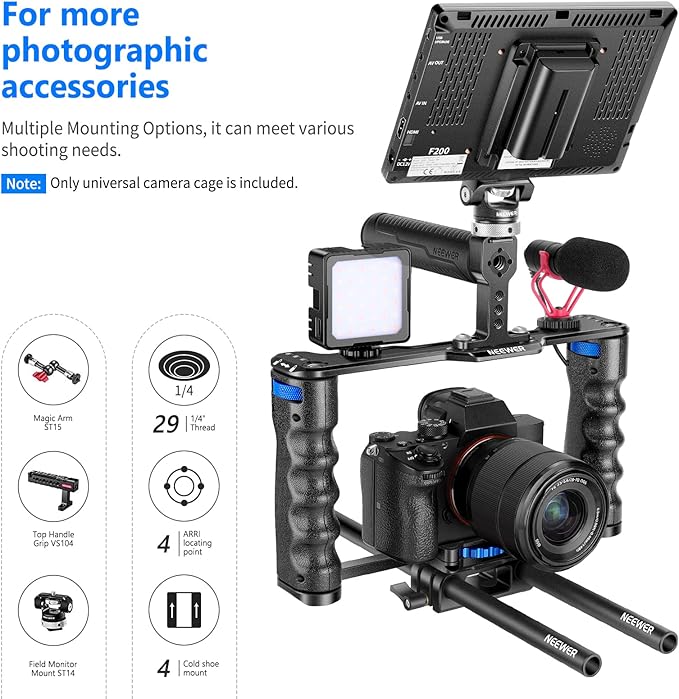 NEEWER Aluminum Alloy Camera Cage, Filmmaking Rig with Top Handle, Dual Grips & Arca Type Base, Compatible with Sony A7S III A7IV A6600 Canon EOS R5C R5 R6 DSLR/Mirrorless Cameras - VS107, Blue