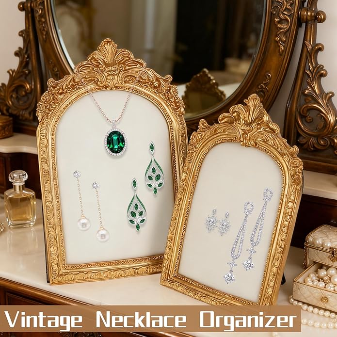 2 Pcs Gold Jewelry Stand, Vintage Photo Frame Earring Holder, Resin Jewelry Display Stand, Lined with Soft Velvet, Necklace Storage Box, Suitable for Women As Gifts for Birthdays, Holidays