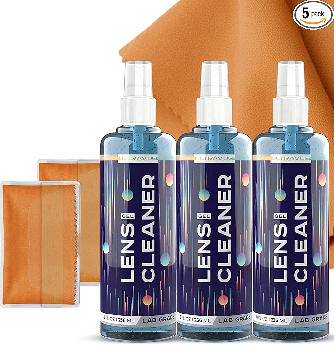 ULTRAVUE Eyeglass Gel Lens Cleaner Spray Kit - 3 x 8oz Gel Lens Cleaner Spray Bottle + 2 Microfiber Cloth for Cleaning - Safe for All Lenses (AR Coated Included), Eyeglasses and Screens