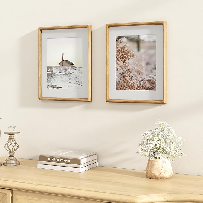 11x14 Wooden Picture Frames USA-Sourced Natural Oak Solid Wood Photo Frame Handcrafted Rounded Corner with Mat to 8x10 Picture Frame Vintage Display with Real Glass Family Picture， 2 Pack