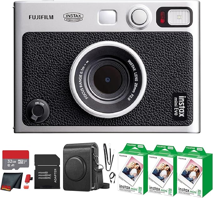 Fujifilm Instax Mini EVO Hybrid Instant Camera (Black) Bundle with Instax-Mini Twin Pack Instant-Film 60 Sheets + 32GB Memory Card + Vintage Black Mini-Evo Camera Case + Cleaning Cloth