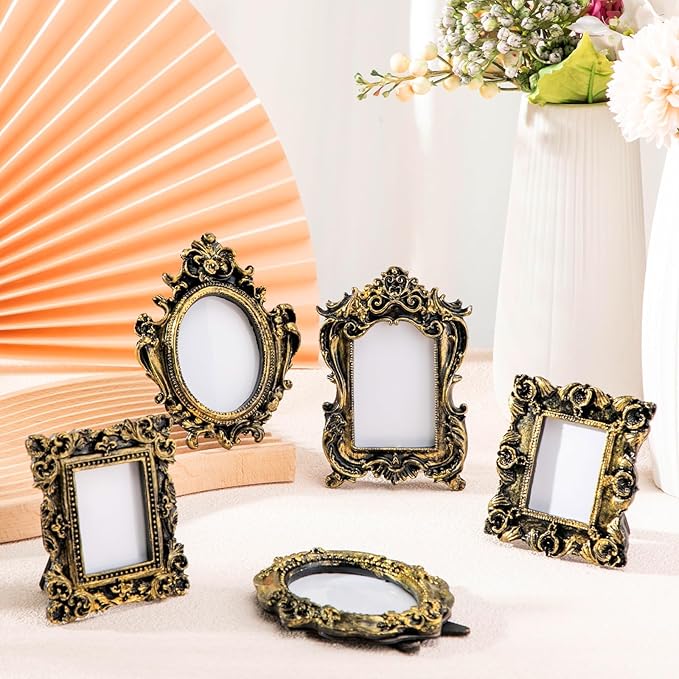 Maitys 5 Pcs Mini Picture Vintage Frames with Stands Tiny Antique Photo Baroque Ornate Resin Oval Frame Table Top Display Home Wedding Decor (Black Gold)