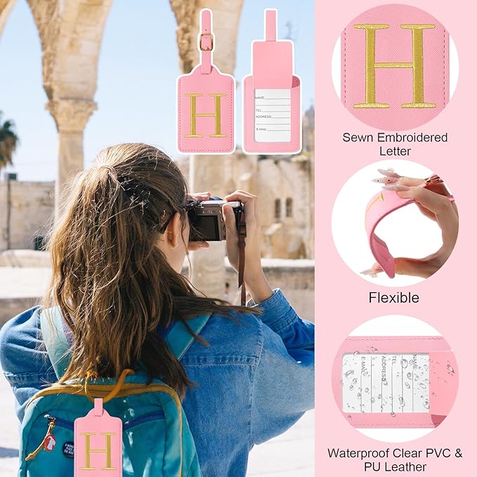 Initial Luggage Tags for Suitcases, Cute Embroidered Letter Luggage Bag Suitcase Identifier Name Baggage Tag, PU Leather Travel Luggage Tags, Bag Tags for Men Women Kids Luggage Handbags(Pink H)