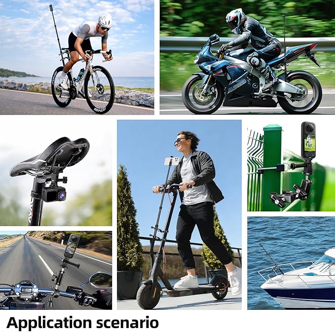 EMART Motorcycle Camera Mount Kit, Bicycle Handlebar Clamp Mount for Invisible Selfie Stick, Features Bike Seat Rail Clamp & Super Clamps - Compatible with Insta 360, gopro, DJI Nano Action Cameras