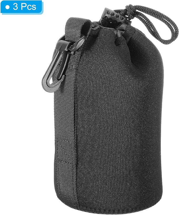 Patikil 3 Pcs 3.7" x 7.1" Drawstring Lens Pouch with Thick Protective Neoprene, DSLR Camera Lens Case for Water, Coffee Cups - Black
