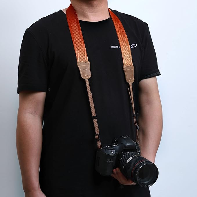 Padwa Lifestyle Orange Camera Strap - 1.5" Double Layer Crazy Horse Cowhide Ends Camera Straps for Photographers,Universal Adjustable Pure Cotton Woven Neck Shoulder Strap for Cameras and Binoculars