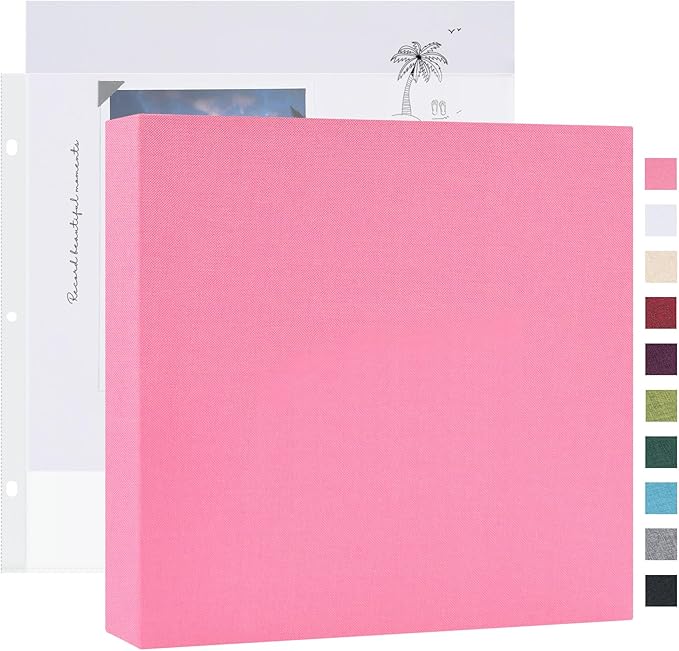 Mublalbum 8x8 Inch Small 3 Ring DIY Scrapbook Photo Album with 20 Plastic Sleeves 40 Pages Linen Cover Folder Binder for Baby Travel Wedding Anniversary and DIY Projects (Pink)
