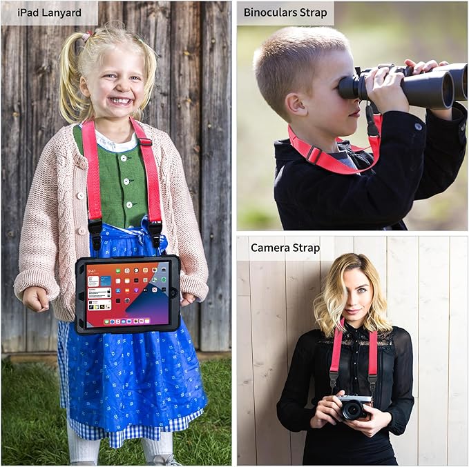 Adjustable Camera lanyard, Universal IPad Straps, Silicone Padded Shoulder Strap with Quick Release Buckle, Comfort Neck Strap for Cameras, iPads, Tablet Case, Binoculars (Rose Red)