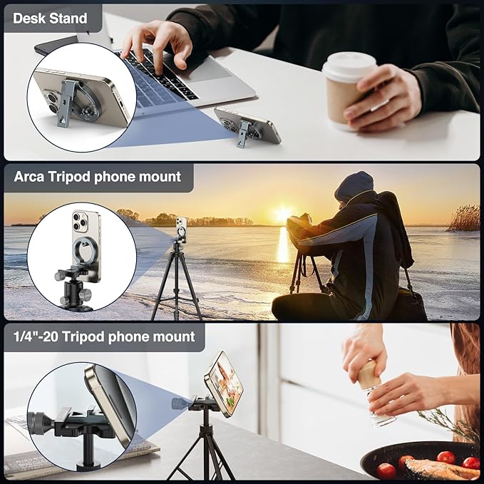 Magnetic Phone Tripod Mount Mini Compatible with Magsafe iPhone 17/16/15/14/13 Series, MG-01 Aluminum Tripod Mount Adapter with 1/4”-20 & Cold Shoe