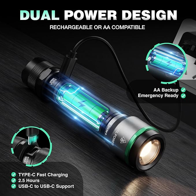 EverBrite 1000LM Small Flashlight, 5 Modes Zoomable Dual Power Flashlight, Mini Flashlights High Lumens, Rechargeable or AA Battery, Pocket Flashlight for Home, Emergency, Hiking, Camping