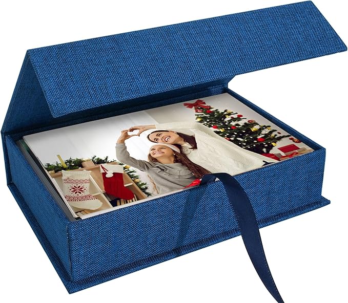 Hiwhy Photo Storage Box 4x6, Linen Photo Box, Memory Box Perfect to Store Your Photo, Pictures, Certificates, Scrapbooking Supplies, Keepsakes and Jewelry Navy Blue